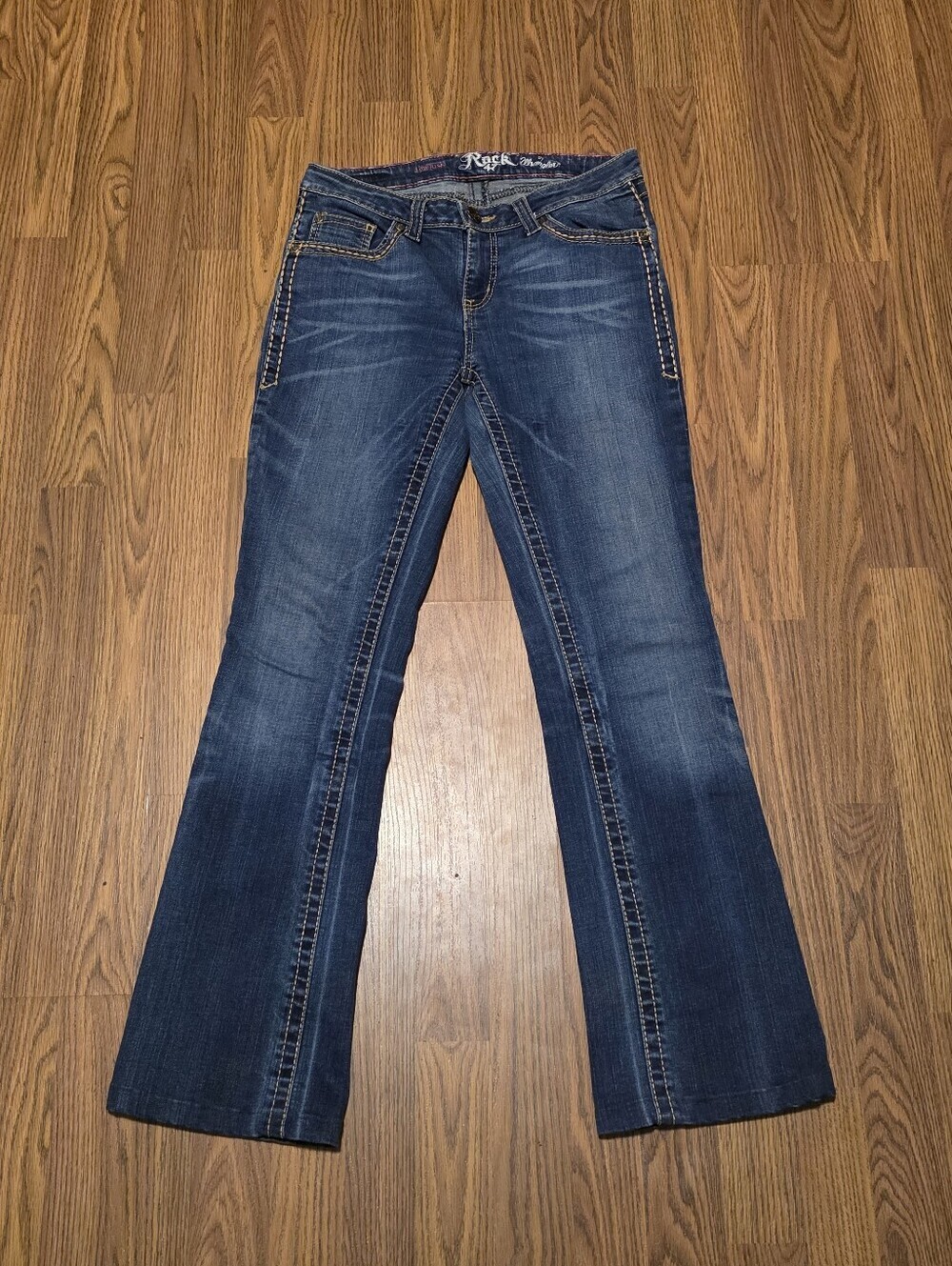 Rock 47 by Wrangler Low Rise Dark Wash Bootcut Jeans Womens 28x34 Western Denim